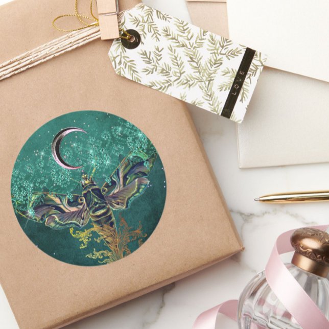 Eleganter Mottenmond smaragdgrüne Nacht Runder Aufkleber (Von Creator hochgeladen)