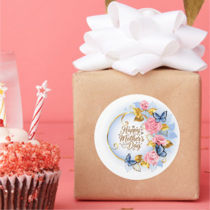 Eleganter Muttertag I Rosa Rose & Blauer Schmetter Runder Aufkleber