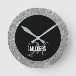 Eleganter Name aus schwarzem Glitzer, Monogramm Runde Wanduhr