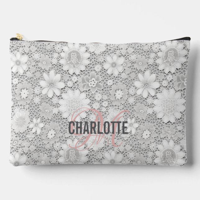Eleganter Name der weißen Blumenspitze Zubehörtasche (Vorderseite)