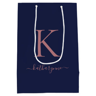 Eleganter Name des Blue Pink Rose Gold Monogrammes Mittlere Geschenktüte