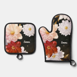 Eleganter Name des Blumenmusters in Rot und Weiß Ofenhandschuh & Topflappen-Set