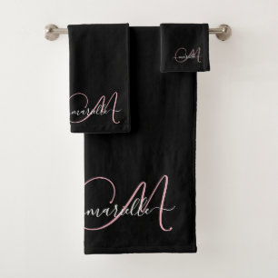 Eleganter Name des Monogram-Skripts in schwarz ros Badhandtuch Set