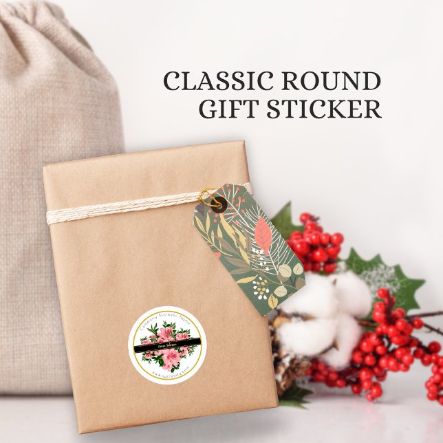 Eleganter Name des Unternehmens Red Floral Custom Runder Aufkleber (Von Creator hochgeladen)