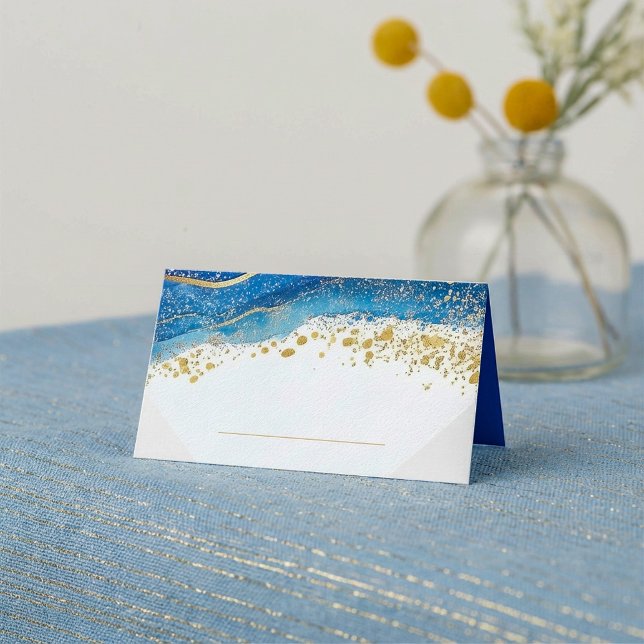 Eleganter Name für blaue und goldene Aquarellfarbe Platzkarte (Elegant Blue and Gold Watercolor Table Name Place Card.)