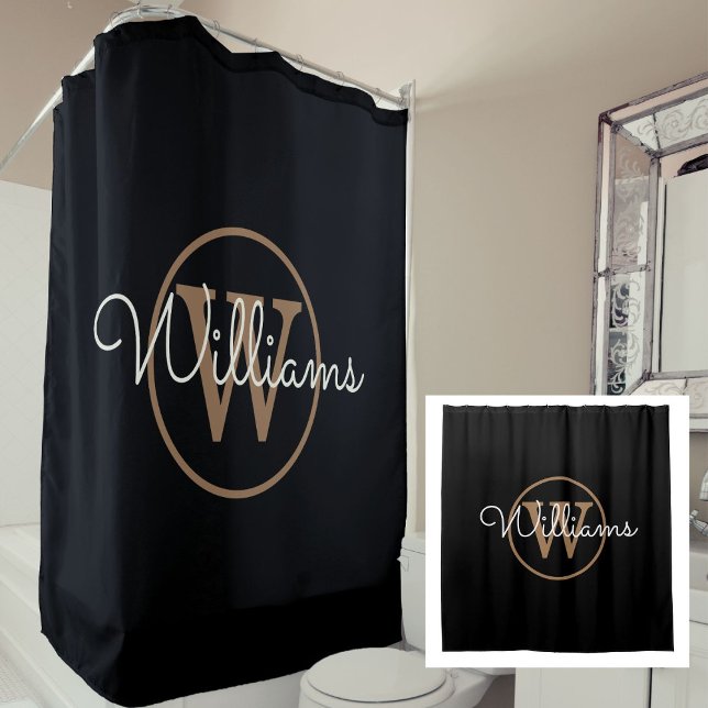 Eleganter Name für das Schwarze Gold Monogram Scri Duschvorhang (Elegant Black Gold Monogram Script Name Shower Curtain)