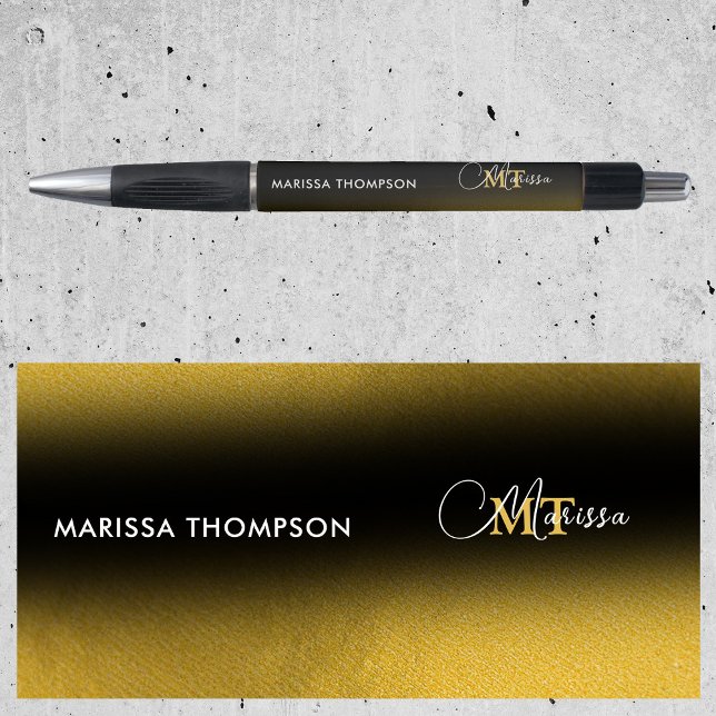 Eleganter Name für Schwarz-Gold-Gradient-Monogramm Kugelschreiber (Elegant Black Gold Gradient Monogram Script Name Pen)