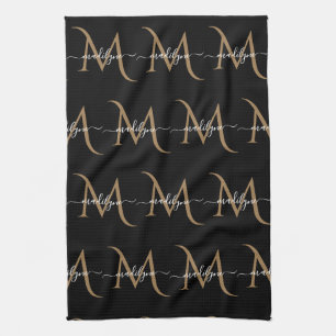 Eleganter Name für Schwarz-Gold Monogram-Skripte Geschirrtuch