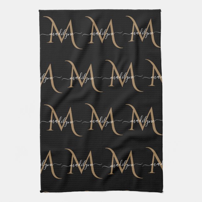 Eleganter Name für Schwarz-Gold Monogram-Skripte Geschirrtuch (Vertikal)