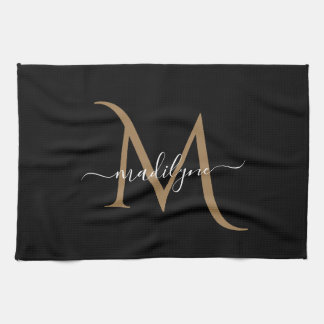 Eleganter Name für Schwarz-Gold Monogram-Skripte Geschirrtuch