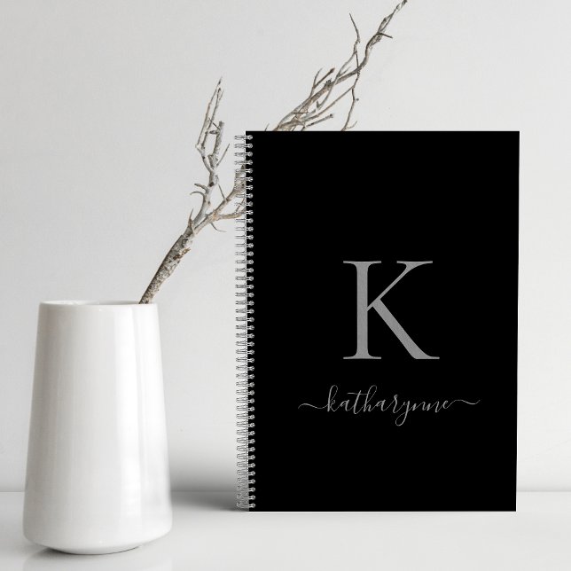 Eleganter Name für Schwarz und Silver Monogram Notizbuch (Von Creator hochgeladen)