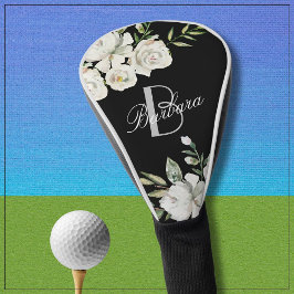 Eleganter Name für Schwarz-Weiß-Blütenmonogramm Golf Headcover