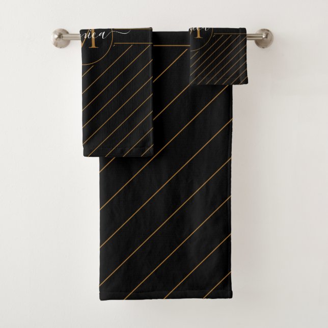Eleganter Name in Schwarz und Gold Streifen Badhandtuch Set (Insitu)