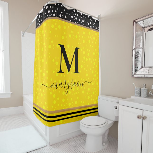 Eleganter Name & Monogram, Luxury Black & Gold Duschvorhang (Beispiel)