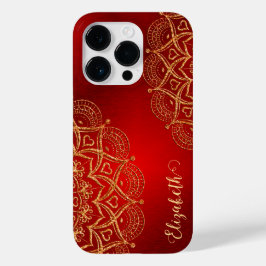 Eleganter Name Monogram Red and Gold Mandala Case-Mate iPhone 14 Pro Hülle