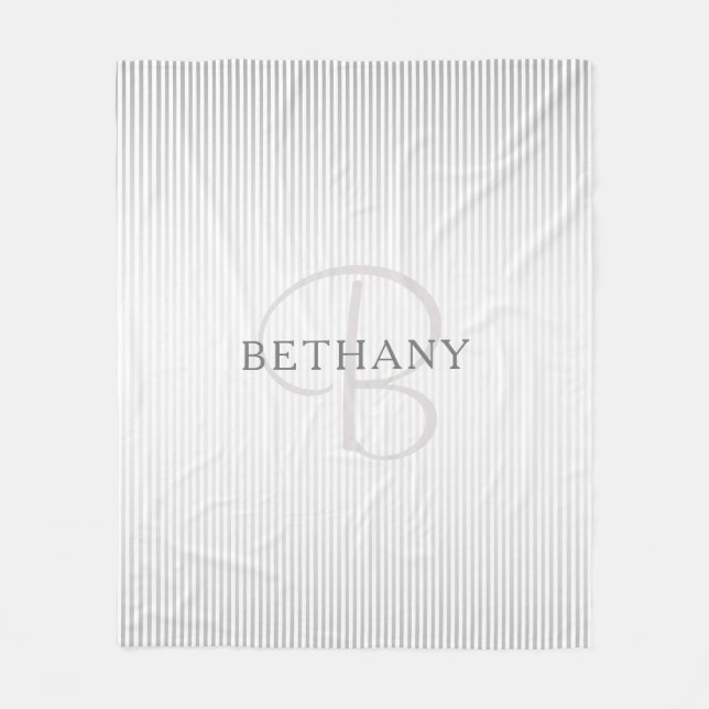 Eleganter Name Monogram & Thin Gray Ombre Streifen Fleecedecke (Vorderseite)