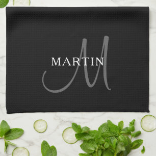 Eleganter Name Monogramm Schwarz Weiß & Grau Geschirrtuch