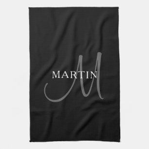 Eleganter Name Monogramm   Schwarz Weiß & Grau Geschirrtuch