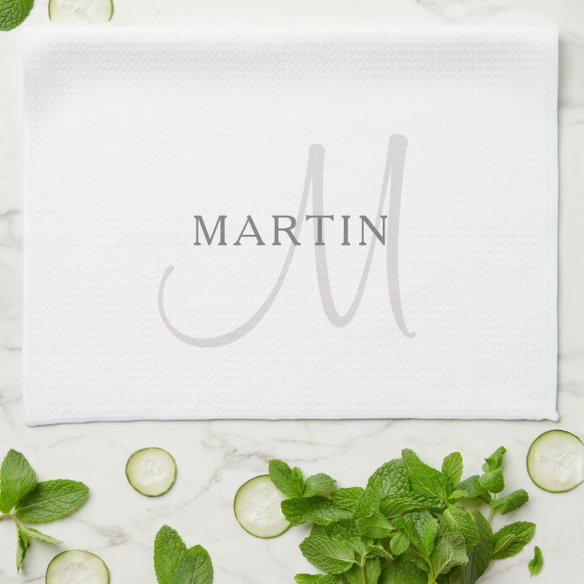 Eleganter Name Monogramm | Weiß & Grau Geschirrtuch (Gefaltet)