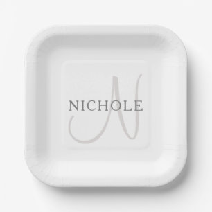 Eleganter Name Monogramm Weiß & Grau Pappteller