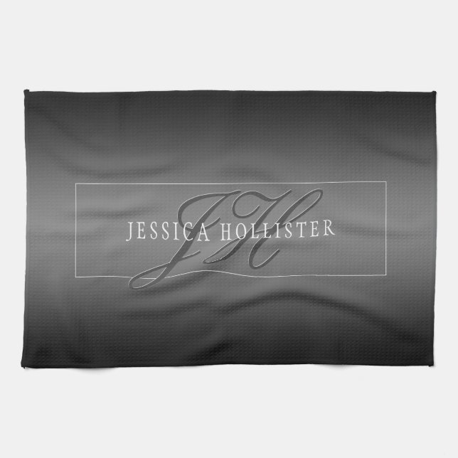Eleganter Name & monogrammierte Initialen | Schwar Geschirrtuch (Horizontal)