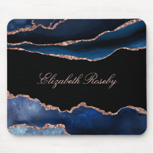 Eleganter Name Navy Blue Rose Gold Agate Black Mousepad