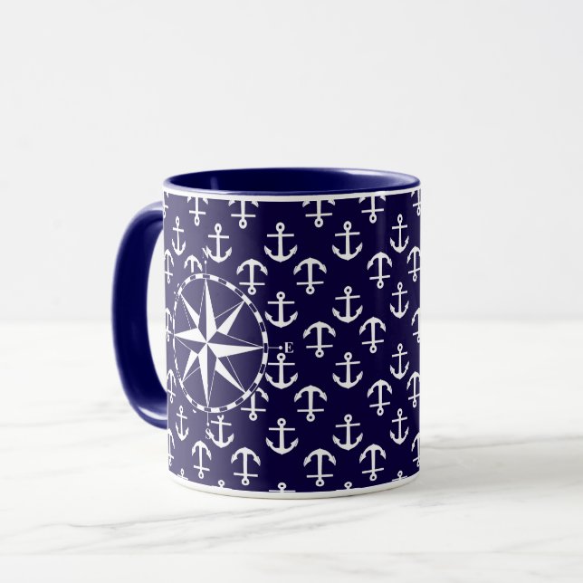 Eleganter Nautical Compass und Anchor Muster blau Tasse (Vorderseite Links)