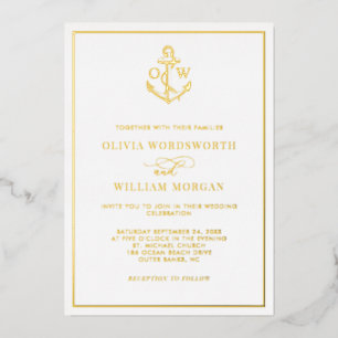 Eleganter nautischer Anker-Monogramm-Hochzeit Alle Folieneinladung