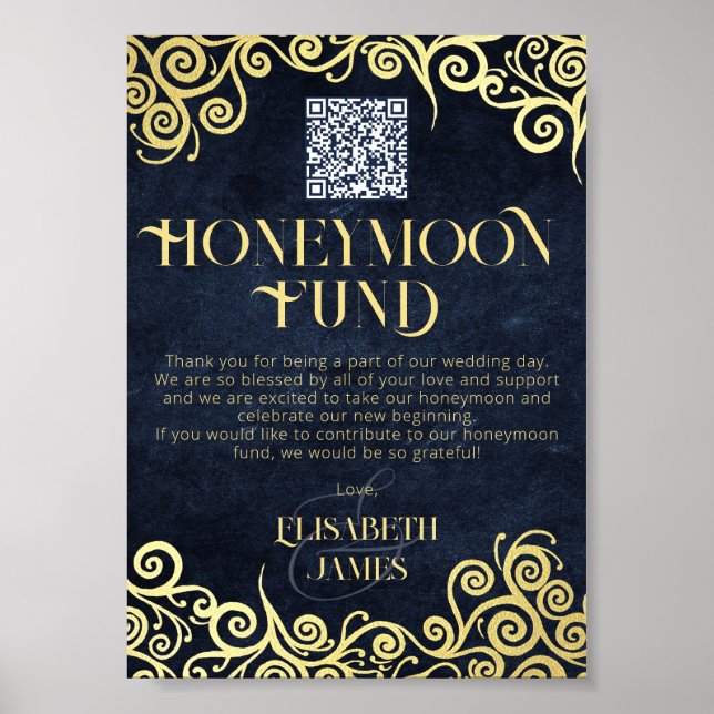 Eleganter Navy Blue and Gold QR Code Honeymoon Fun Poster (Vorne)