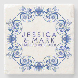 Eleganter Navy Blue Floral Frame Steinuntersetzer