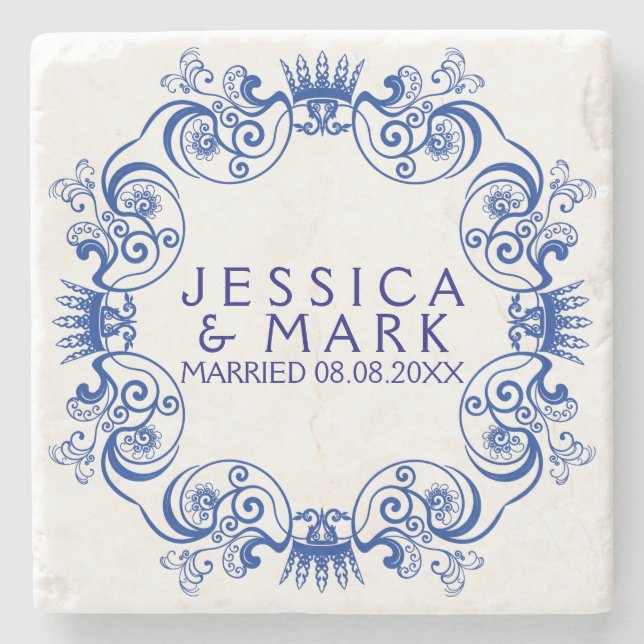 Eleganter Navy Blue Floral Frame Steinuntersetzer (Vorderseite)
