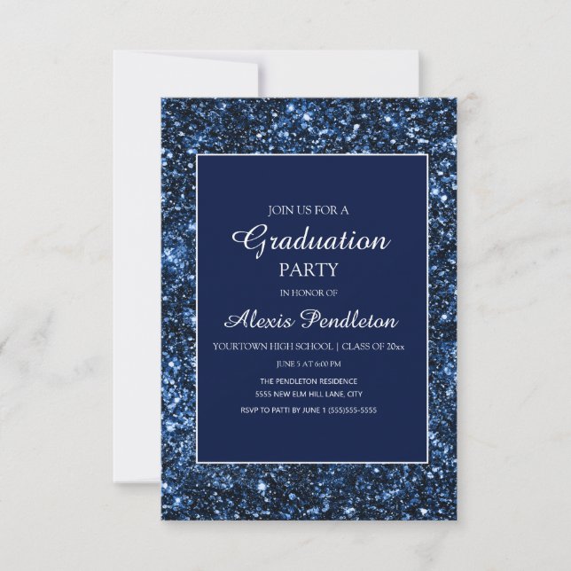 Eleganter Navy Blue Glitzer Abschluss Einladung (Vorderseite)