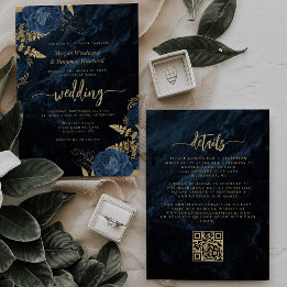 Eleganter Navy Blue Gold Floral QR Code Hochzeit Einladung