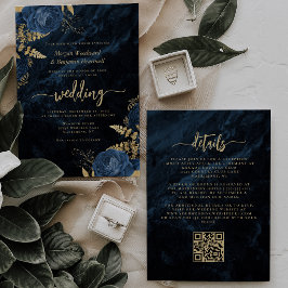 Eleganter Navy Blue Gold Floral QR Code Hochzeit Einladung