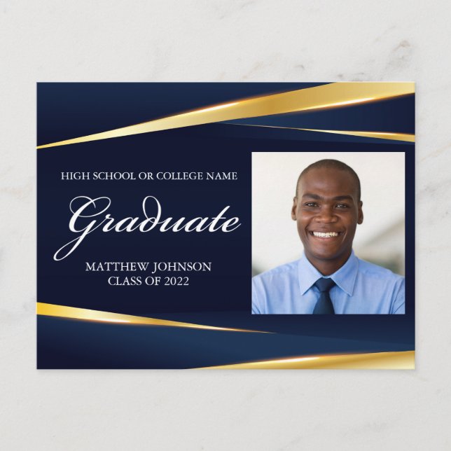 Eleganter Navy Blue Gold Formal Foto Abschluss Postkarte (Vorderseite)