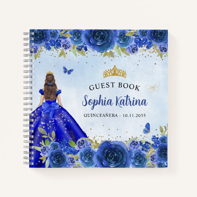 Eleganter Navy Blue Gold Glitzer Floral Quinceañer Notizbuch (Vorderseite)