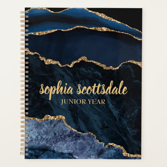 Eleganter Navy Blue Gold Marmor Junior Year Planne Planer (Vorderseite)
