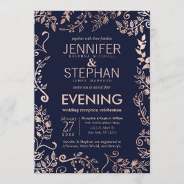 Eleganter Navy Blue Rose Gold Floral Empfang Einladung