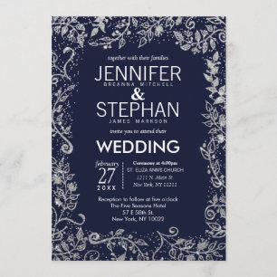 Eleganter Navy Blue Silver Floral Glitzer Hochzeit Einladung