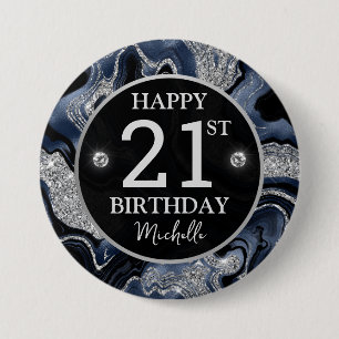 Eleganter Navy Blue & Silver Glitzer Agate Birthda Button