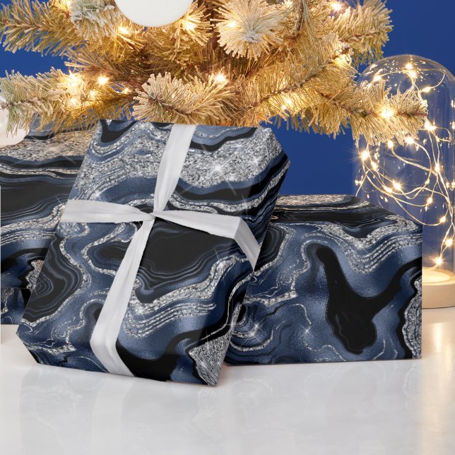 Eleganter Navy Blue & Silver Glitzer Agate Birthda Geschenkpapier (Feiertage)