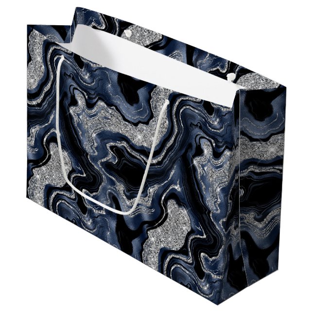 Eleganter Navy Blue & Silver Glitzer Agate Birthda Große Geschenktüte (Vorderseite Schrägansicht)