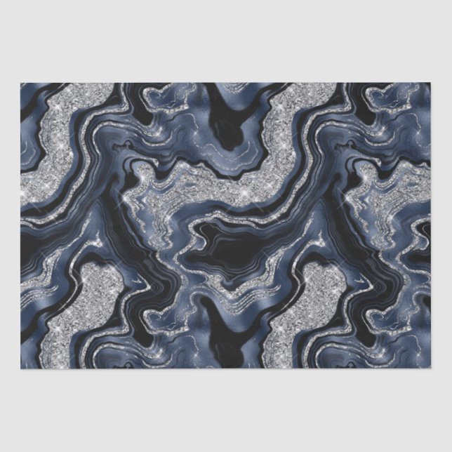 Eleganter Navy Blue & Silver Glitzer Agate Birthda Seidenpapier (Vorderseite)