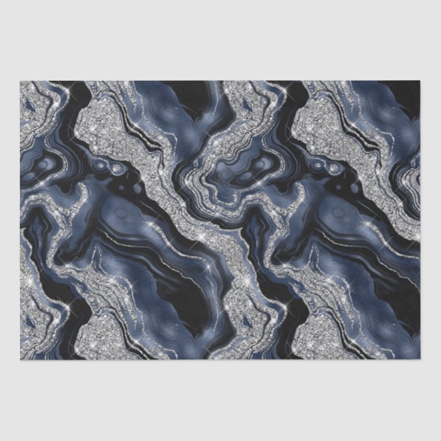 Eleganter Navy Blue & Silver Glitzer Agate Birthda Seidenpapier (Vorderseite)
