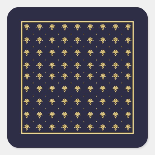 Eleganter Navy Blue und Gold Damask Quadratischer Aufkleber (Vorderseite)