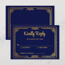 Eleganter Navy Blue und Gold Deko Wedding RSVP Karte