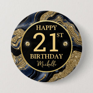 Eleganter Navy Blue und Gold Glitzer Agate Birthda Button