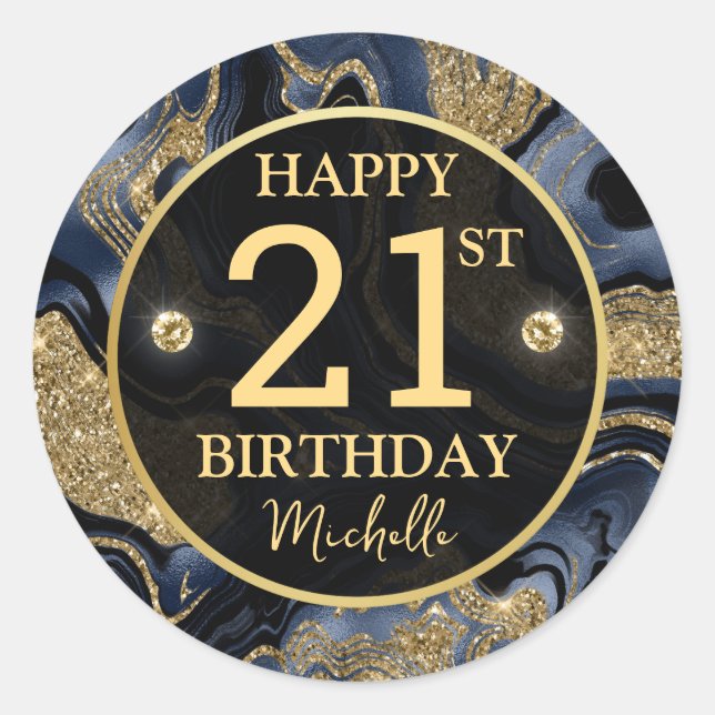 Eleganter Navy Blue und Gold Glitzer Agate Birthda Runder Aufkleber (Vorderseite)