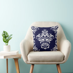 Eleganter Navy Blue und White Damask Kissen
