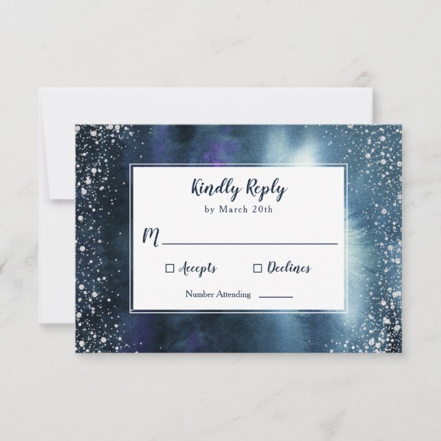 Eleganter Navy Blue Watercolor Silver Glitzer RSVP Karte (Vorderseite)